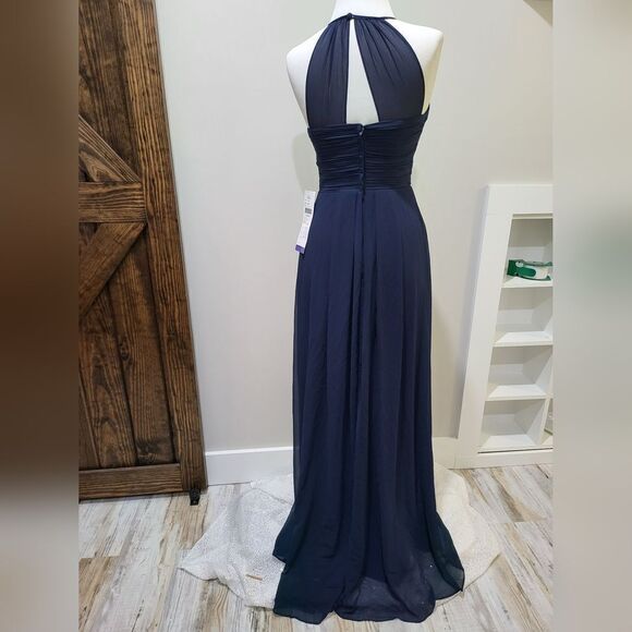 Levkoff 7001 Halter Neck Chiffon A-Line Gown in Navy NWT size 2 - Picture 4 of 5